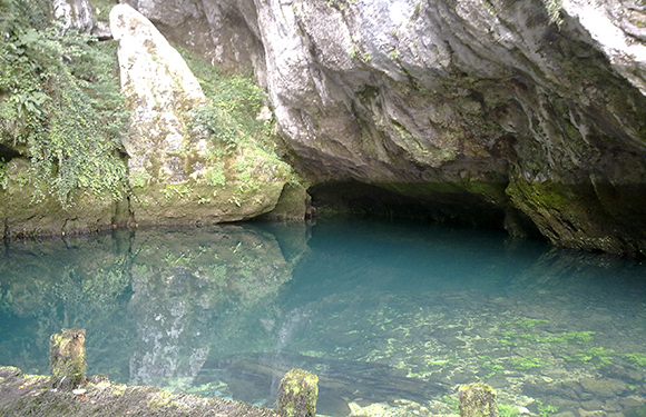 A serene natural scene featuring a clear blue water body in front of a cave entrance with rocky surfaces and greenery.