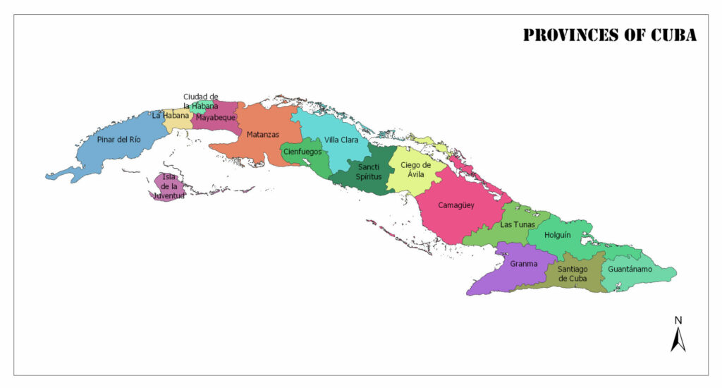 A color-coded map showing the provinces of Cuba with a compass rose indicating the south.