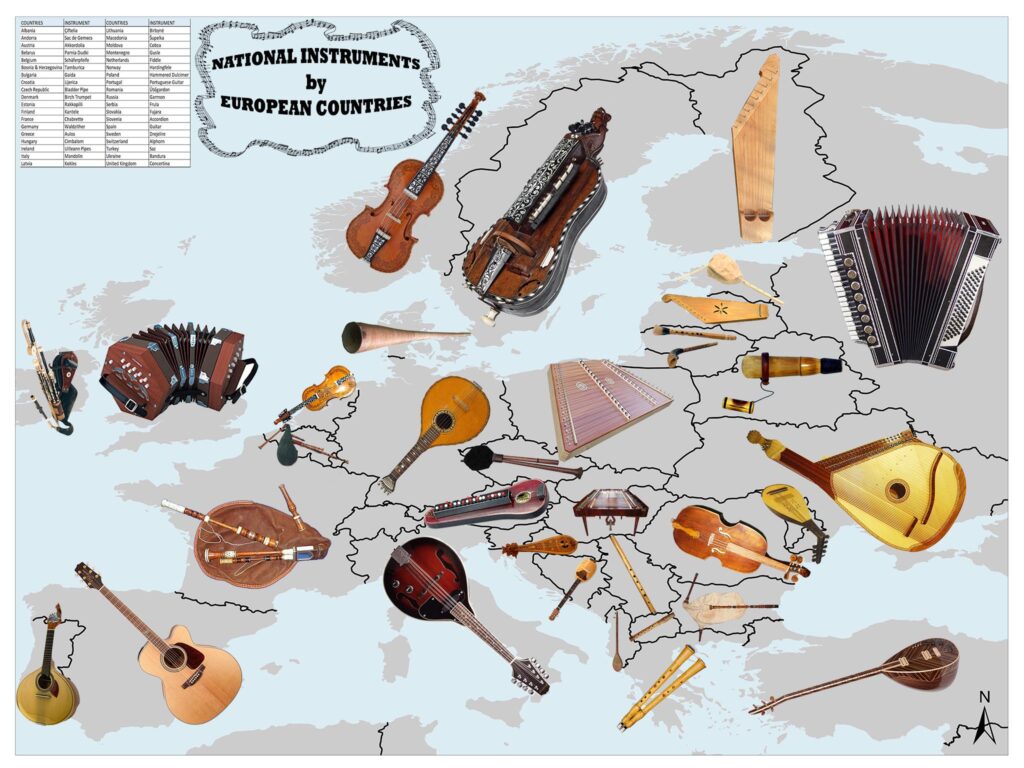 Illustration of a map of Europe with drawings of various traditional musical instruments placed over the countries they are associated with.