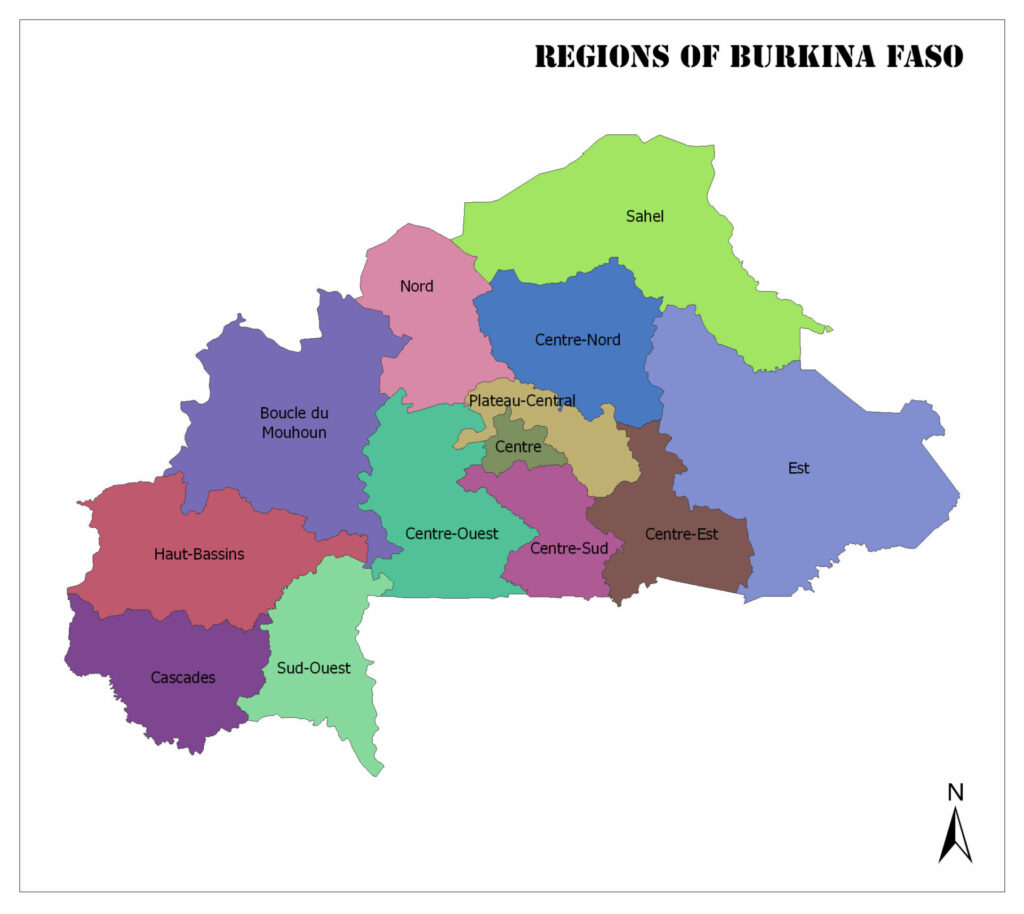 A color-coded map showing the regions of Burkina Faso, with each region labeled and a compass indicating the north direction.