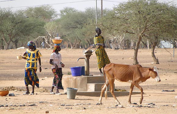 Three women are near a water pump in a dry landscape, one pumping water, another carrying a container, with a cow nearby.