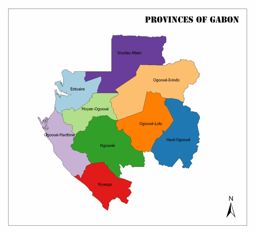 A color map displays Gabon's provinces with labels, a compass for north, and the title "PROVINCES OF GABON".