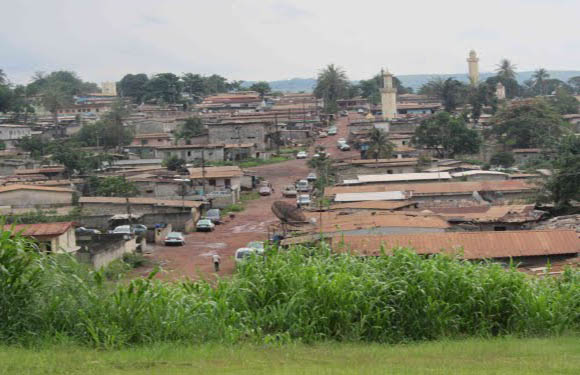 A landscape view of a town with numerous buildings featuring reddish-brown roofs, some greenery in the foreground, and a cloudy sky above.