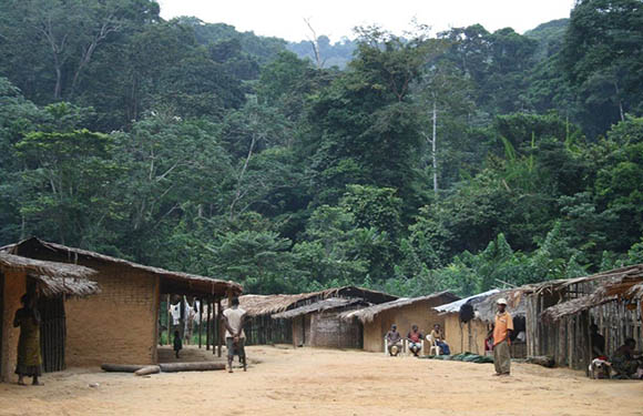 A small village with thatched huts in a dense forest, with people engaged in various activities.