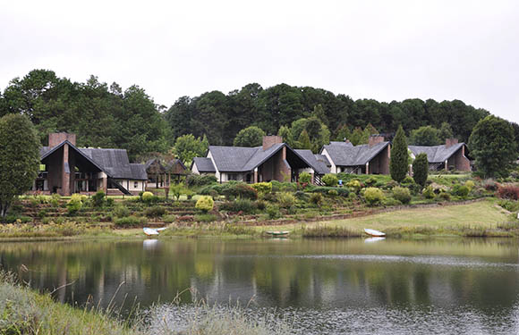 A row of traditional houses with dark roofs by a calm pond, surrounded by greenery under a cloudy sky.