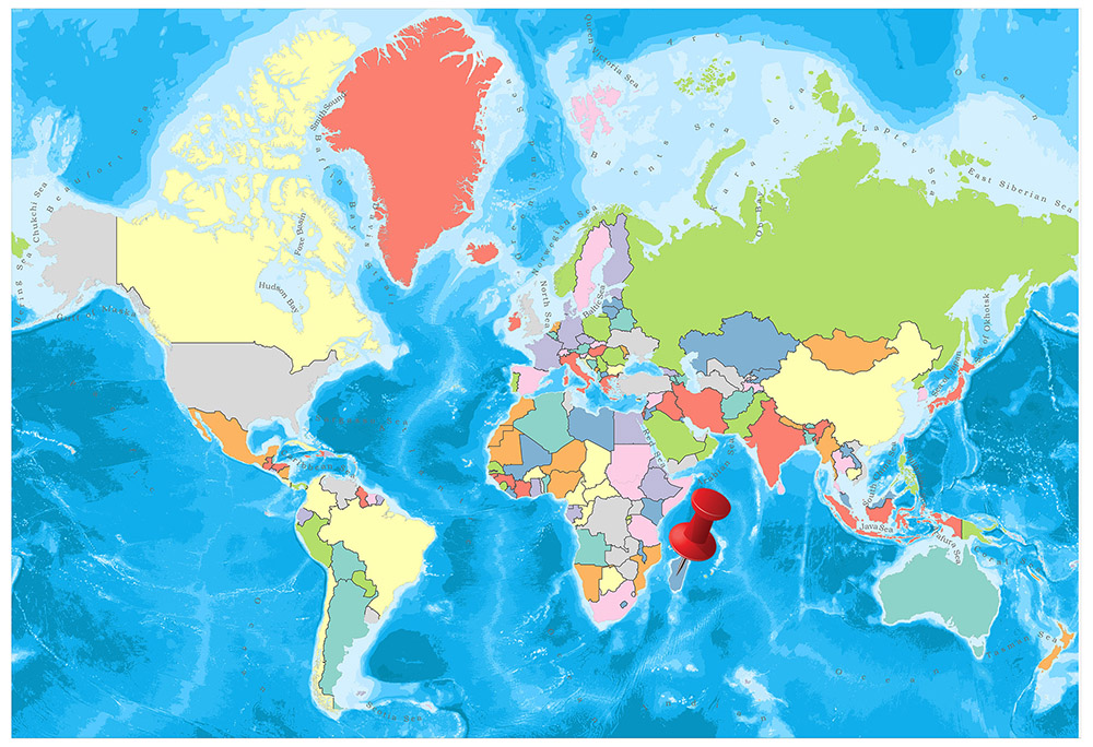 A colorful political world map with countries marked in different colors, oceans in blue, and no labels or text.