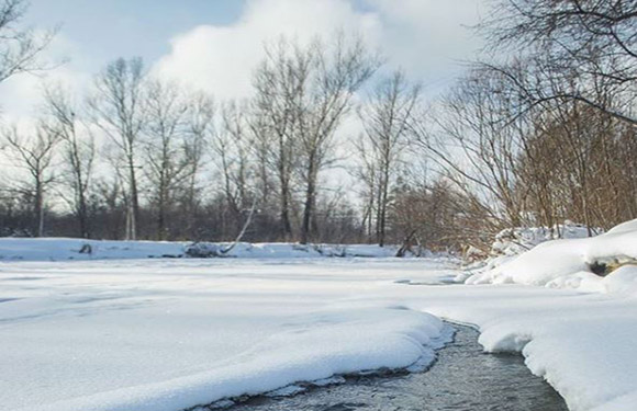 A winter scene featuring a semi-frozen river, snow-covered banks, bare trees, and a cloudy sky.