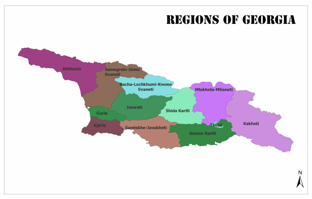 A color-coded map showing the different regions of Georgia with labels for each region.