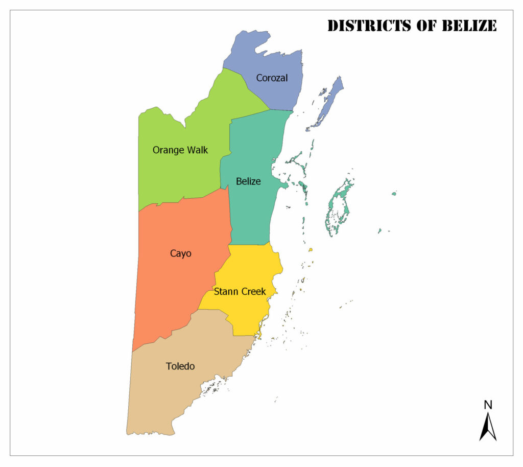 A color-coded map showing the districts of Belize with a compass rose indicating north.