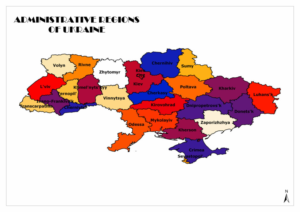 Map showing the Oblasts/Administrative Regions of Ukraine.