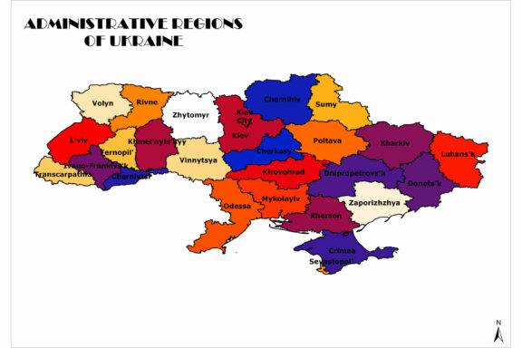 A color-coded map showing the administrative regions of Ukraine, with each region labeled with its name.