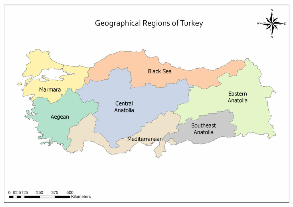 The map displays Turkey's regions in different colors, with a compass rose and scale included.