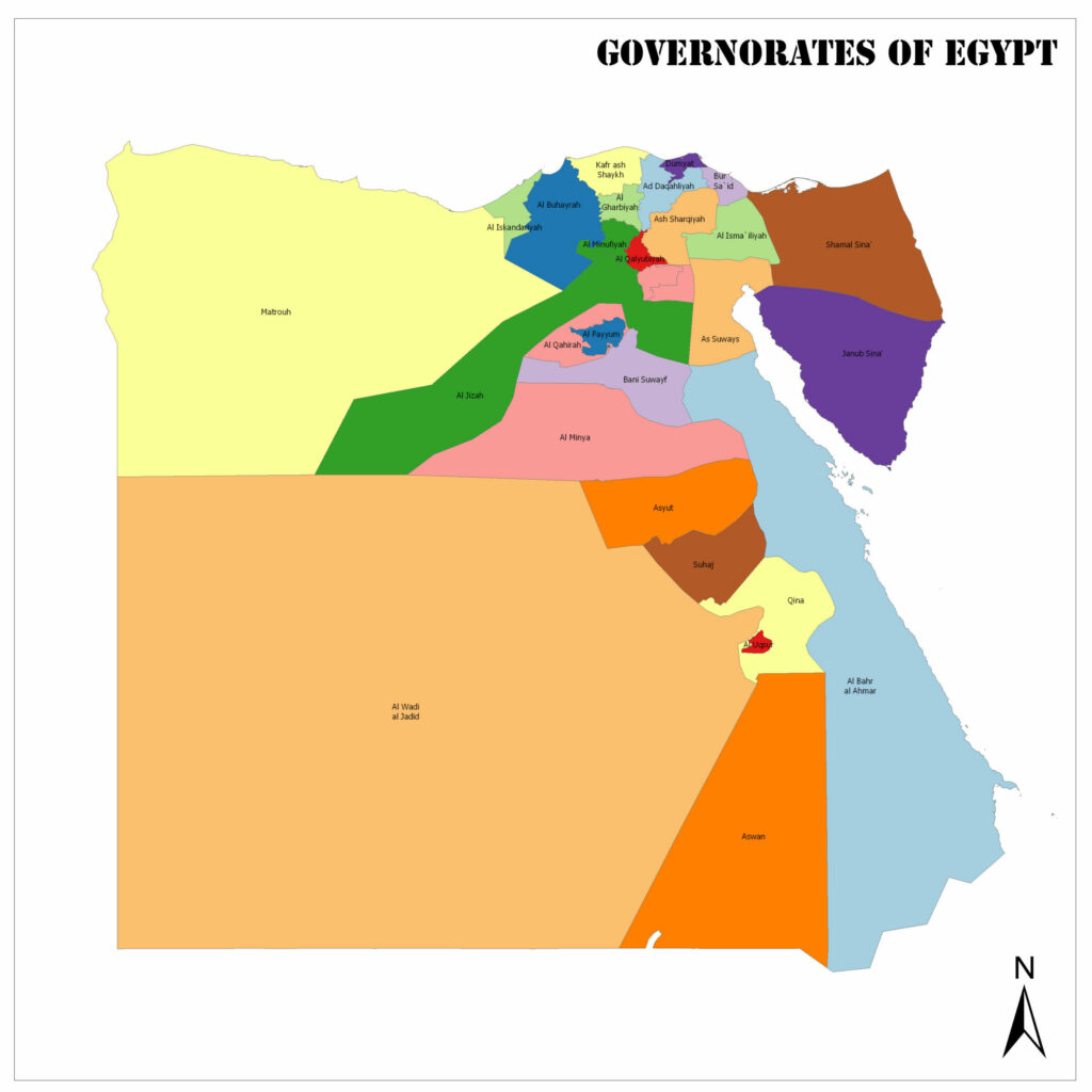 A color-coded map showing the governorates of Egypt, with a compass indicating the north direction on the bottom right corner.