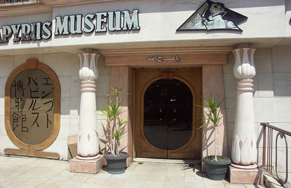 The image depicts the entrance to the Cyprus Museum, marked by two columns, potted plants, and a bird logo.