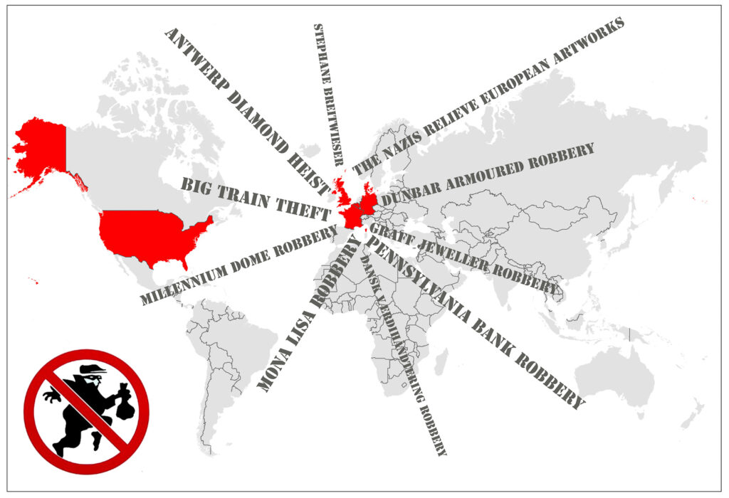 A world map labels fictional heists like "Big Diamond Heist" in North America. A "No Guns" symbol is in the corner.