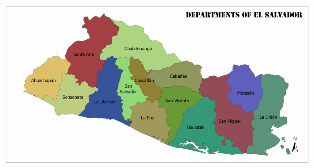 A color-coded map showing the departments of El Salvador with labels for each department.