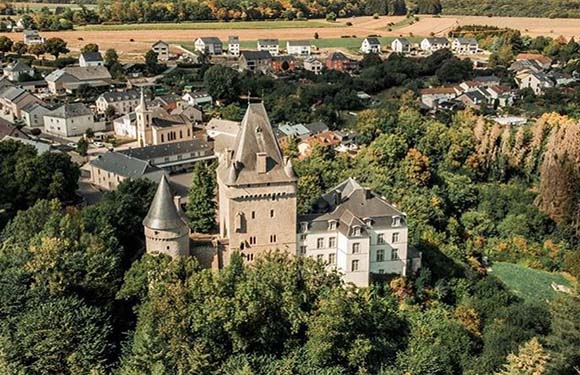 Aerial view of a castle with conical roofs surrounded by greenery and trees, with a backdrop of a small town and fields.