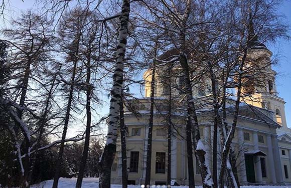 A photo shows a classical building with a dome and columns, partially hidden by bare birch trees, against a snowy, blue sky backdrop.