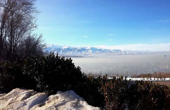 A snowy landscape with leafless trees, fog, mountains in the distance, and a lightly clouded blue sky.