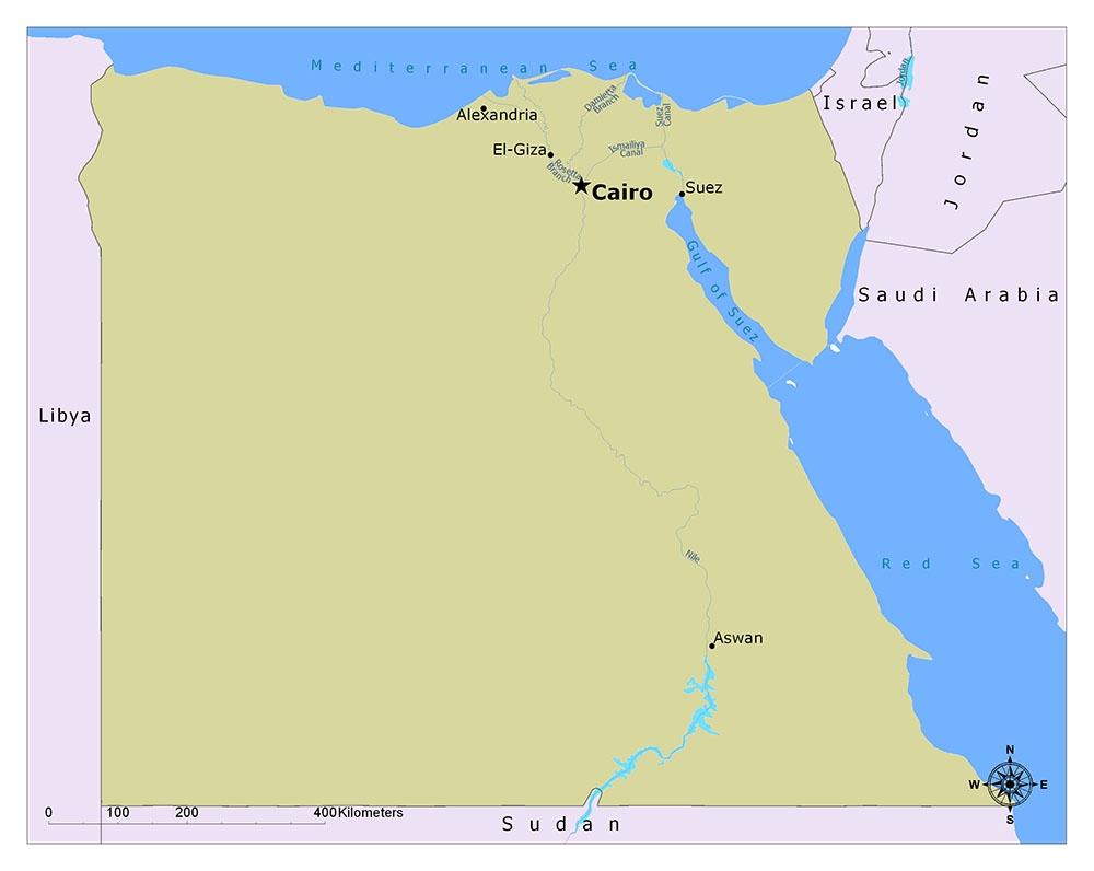 The map displays Northeast Africa and the Middle East, highlighting the Suez Canal and nearby cities, with country borders marked.