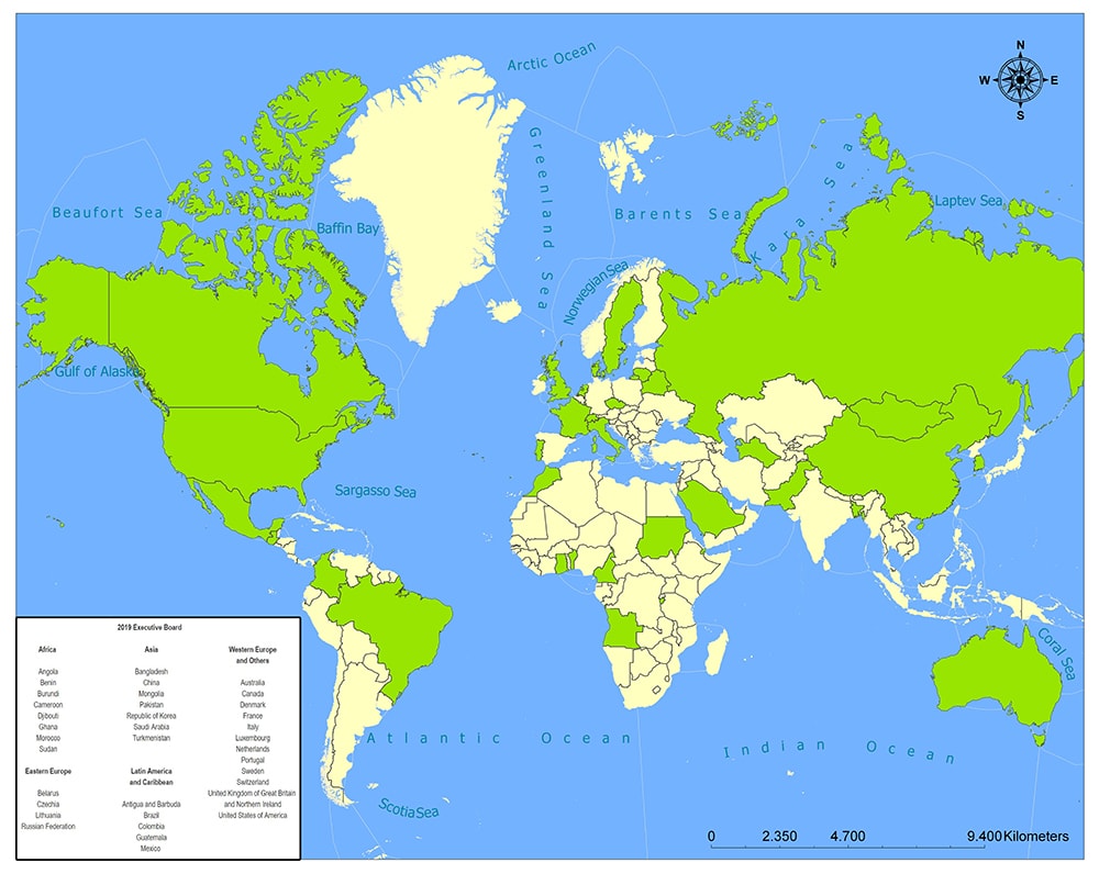 A world map image with countries in two green shades, a bottom left legend, and a top right compass rose.