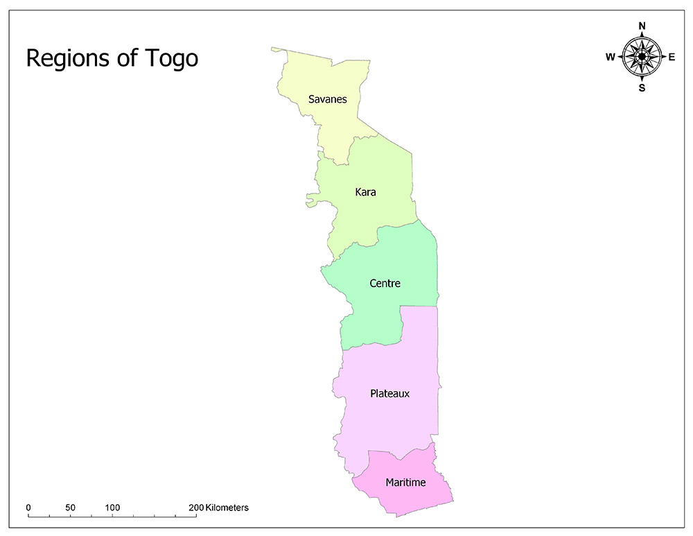 The map displays Togo's regions, each with a unique color and labeled with names like Savanes, Kara, Centrale, Plateaux, and Maritime.