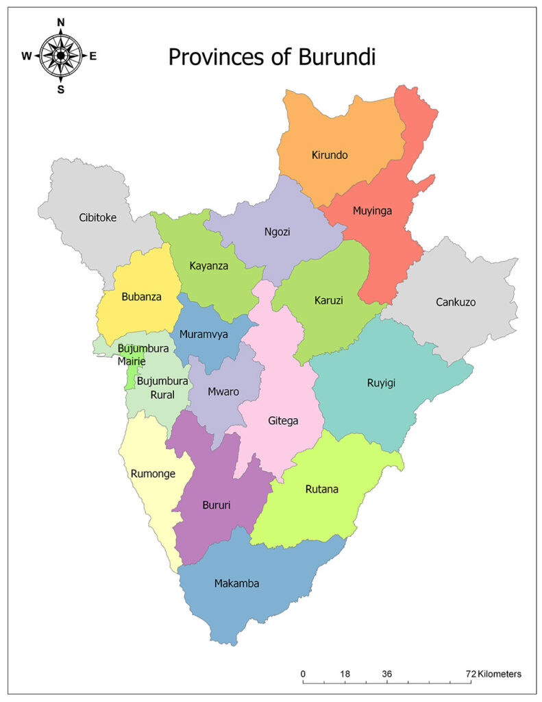 A color-coded map showing the provinces of Burundi with a compass rose in the upper left corner.