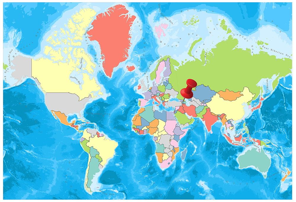 A vibrant world map marks countries in various colors and oceans in blue, with a red circle highlighting central Europe.