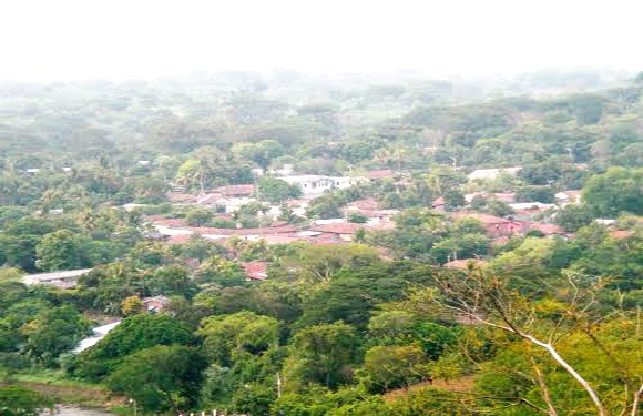 Aerial view of a tropical landscape featuring dense greenery, a small town with red roofs, and a winding road/river.