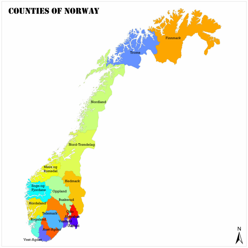 A color-coded map showing the counties of Norway with labels for each county and a compass indicating the north direction.