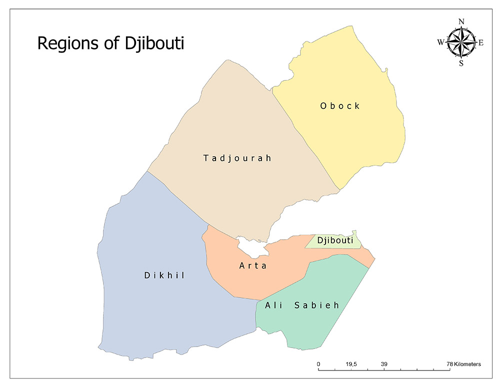 The map displays Djibouti's regions in various colors, with labels and a compass rose in the top right.