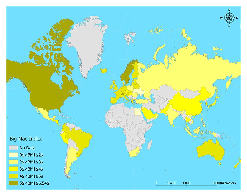 A color-coded world map displaying the Big Mac Index with various countries shaded in different colors representing the price ranges of a Big Mac.