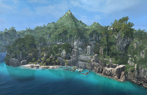 A digital artwork of a serene tropical island with ruins, lush greenery, a mountain peak in the background, and clear blue water in the foreground.