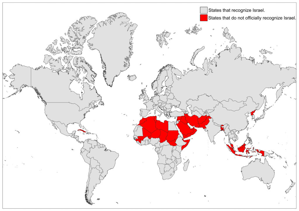 The map shows countries in red that don't officially recognize Israel, and others in grey.