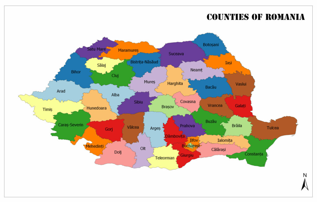 A labeled, colorful map of Romania's counties, each distinguished by a different color.