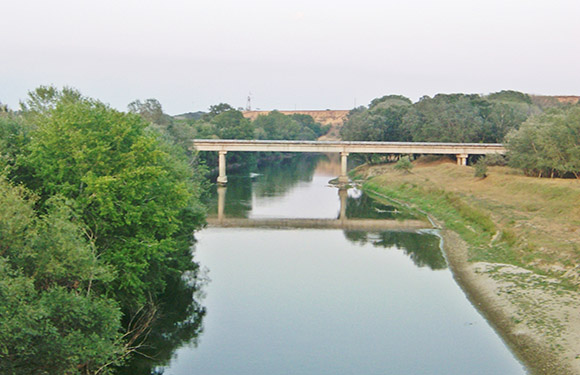 A bridge over a calm river with trees on either side and a clear sky above.