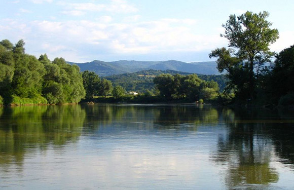 A serene river landscape with lush green trees on the banks and a reflection on the water, with hills visible in the background under a clear sky.