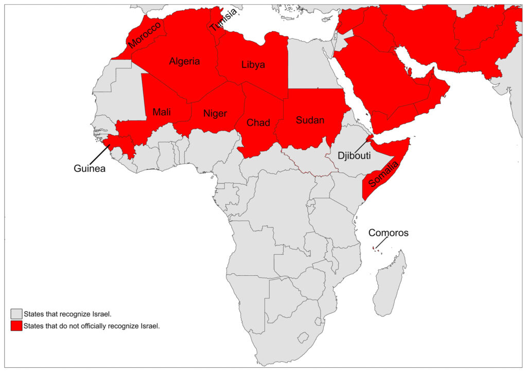 The map shows African countries in red or grey, indicating whether they officially recognize Israel.