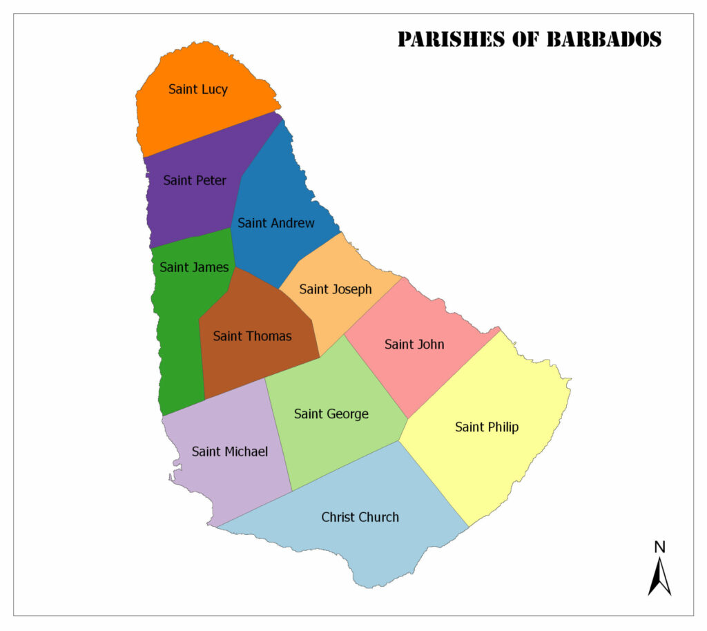 A color map displays Barbados' parishes, each labeled by name, with a compass rose in the lower right corner.