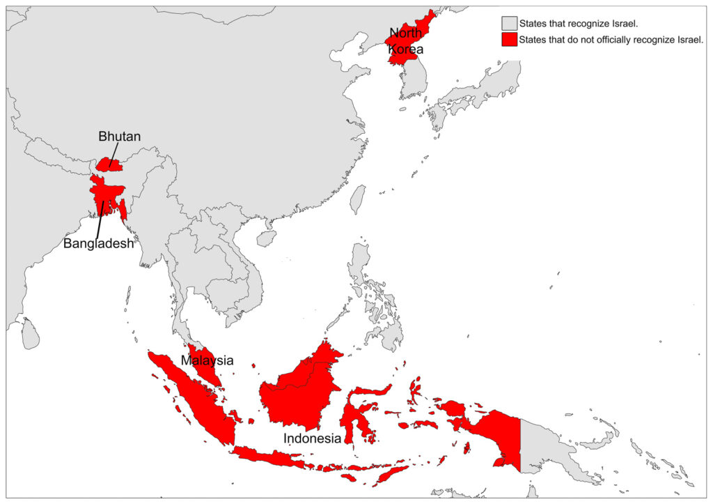 The map shows Southeast Asian countries like Bangladesh, Indonesia, and Malaysia that don't officially recognize Israel.