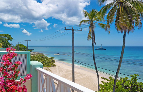 A serene tropical beach scene with a white railing, pink flowers, palm trees, power lines, and a distant boat.