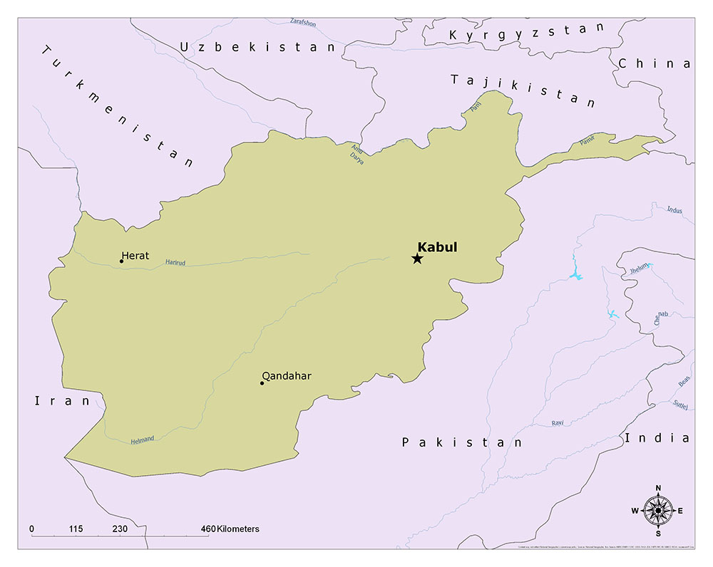 The map displays Afghanistan, its capital Kabul, neighboring countries, and the Gandhara region.