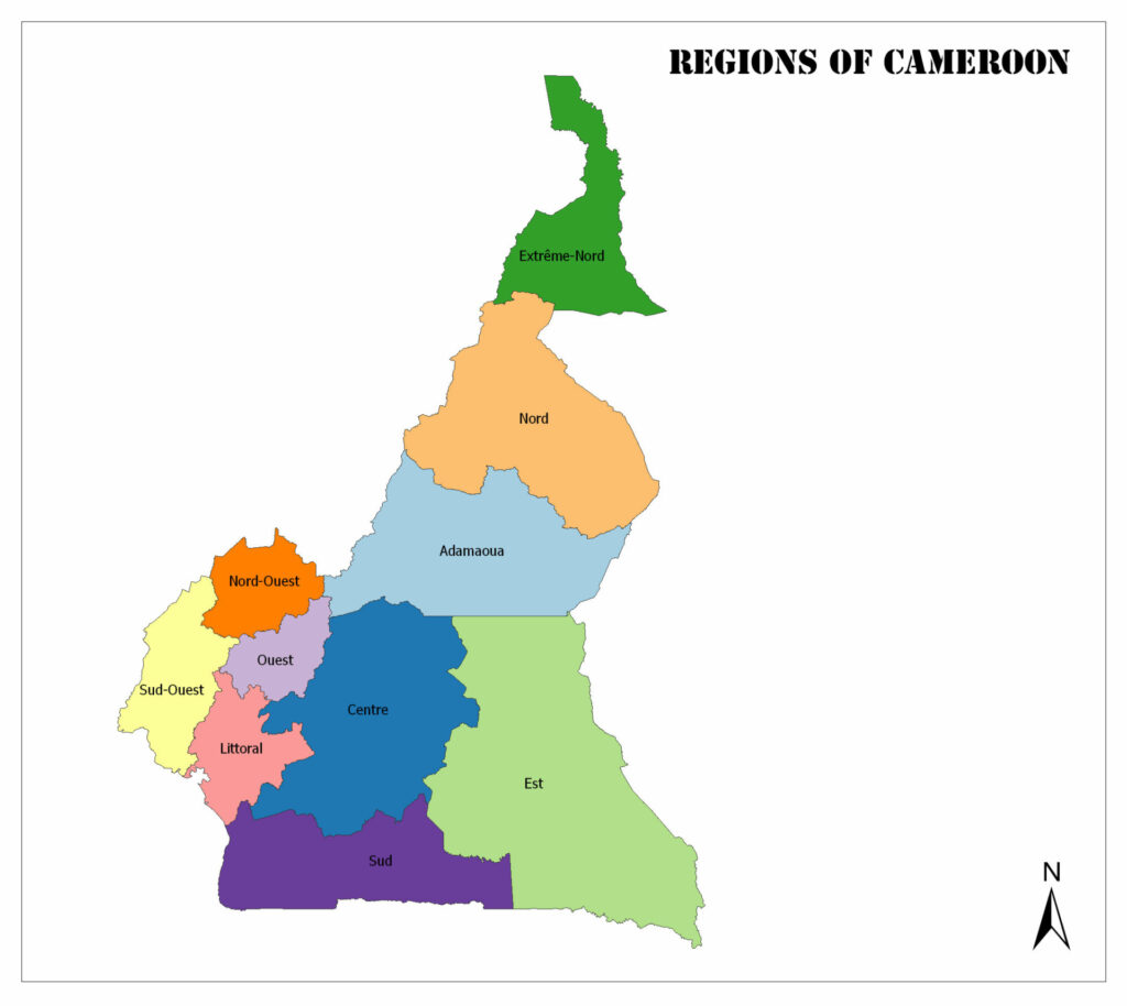 A color-coded map showing the regions of Cameroon, with a compass indicating the north direction.