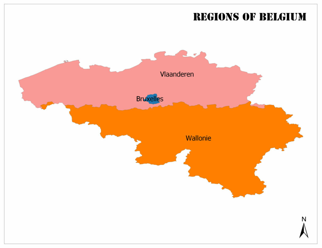 The map displays Belgium's three regions: Flanders at the top, Brussels in the center, and Wallonia at the bottom.