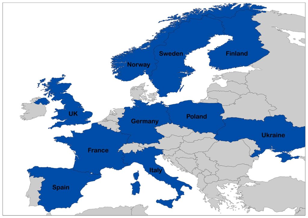 A map of Europe labels countries like Norway, Sweden, UK, Germany, in blue. Others are grey and unlabeled.