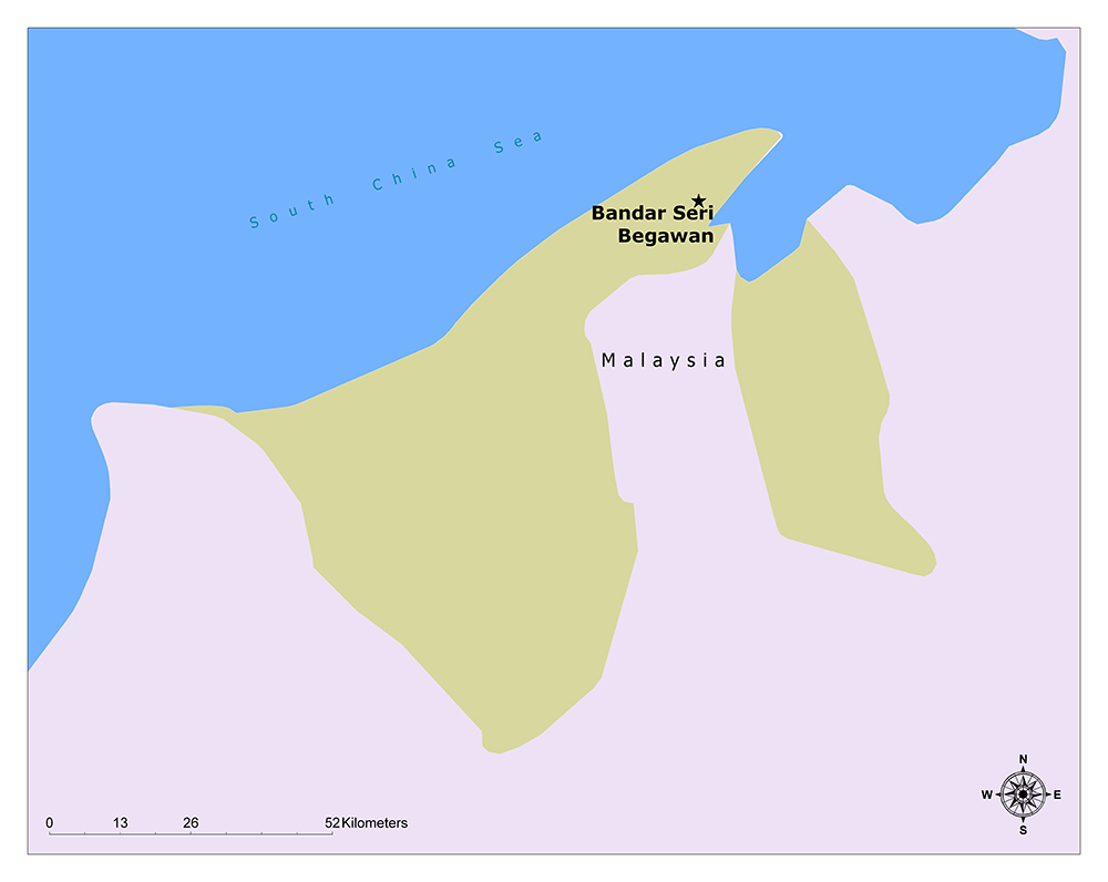 A map displays a coastal region, labeling "Bandar Seri Begawan" and "Malaysia," using blue for water and green for land.