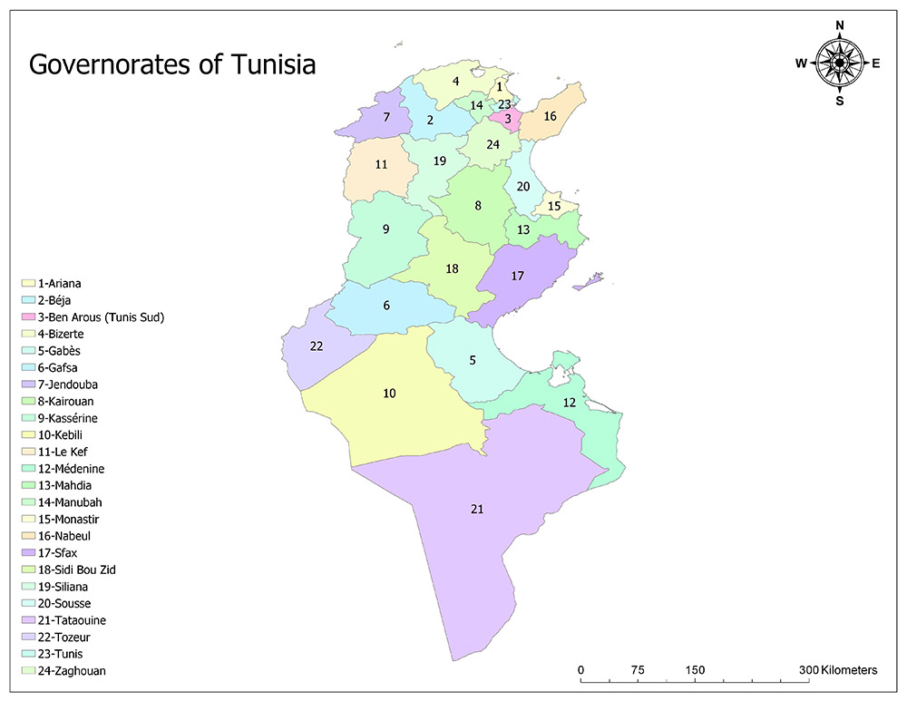 A color-coded administrative map of the governorates of Tunisia with labels and numbers corresponding to each region.