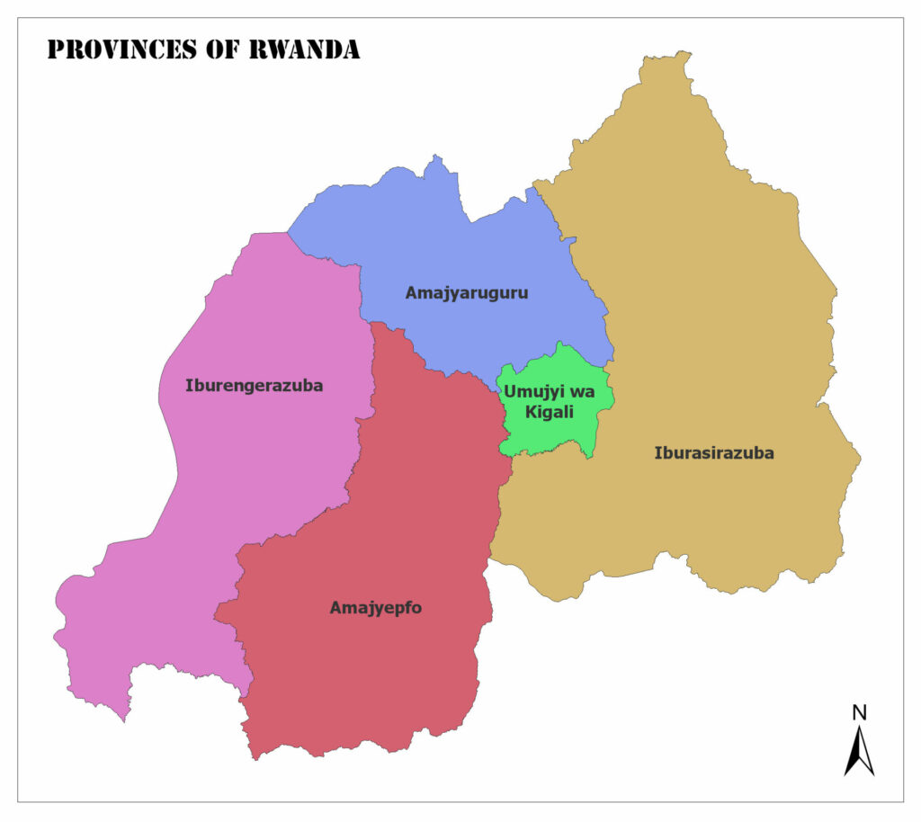 A map showing the provinces of Rwanda in different colors with labels for each province and a compass arrow indicating the north direction.