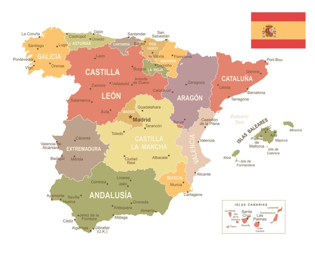 A color-coded map of Spain displays its autonomous communities, a small Spanish flag, and an inset map of Spain in Europe.