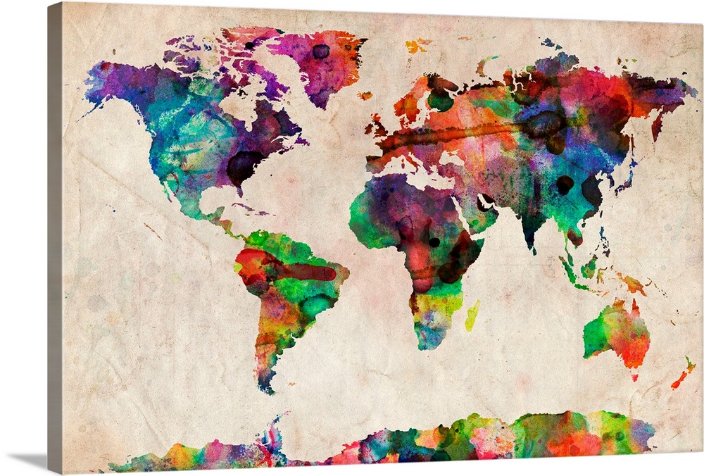 A colorful abstract world map with splashes of various colors on a light beige background.